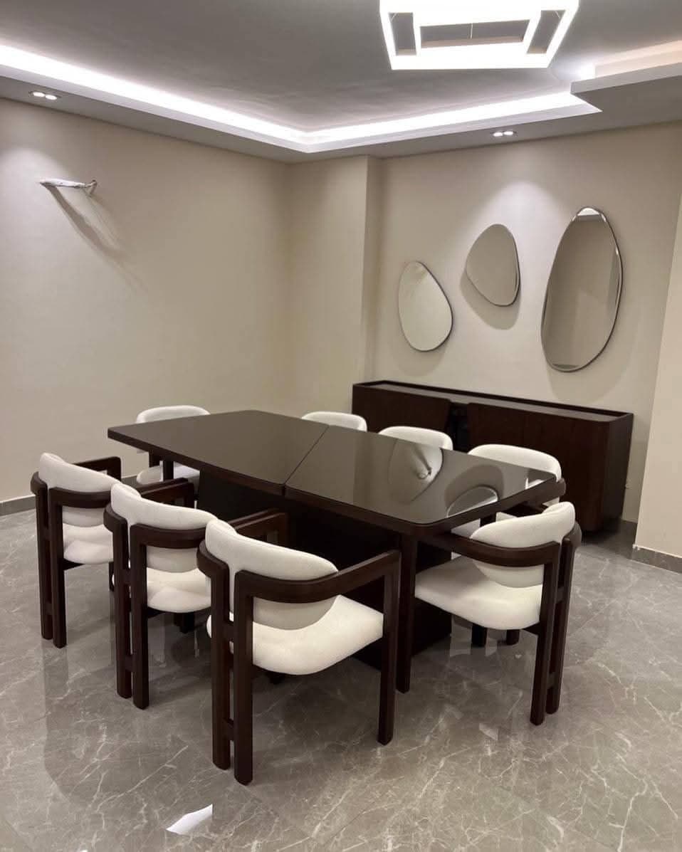 Contemporary Espresso Dining Table Set with Curved-Back Armchairs & Credenza