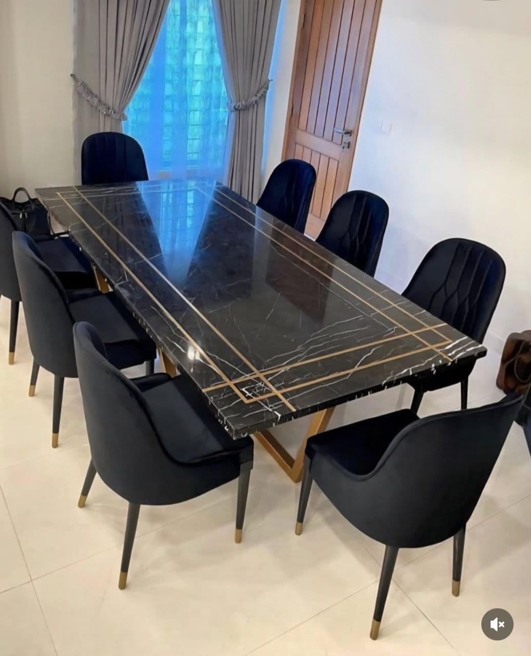 Black Marble Dining Table with Brass Inlays & Velvet Chairs