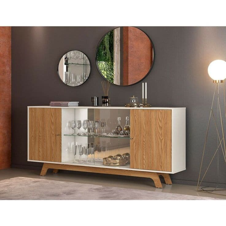 Two-Tone Timber and Glass Bar Buffet with Mirrored Display