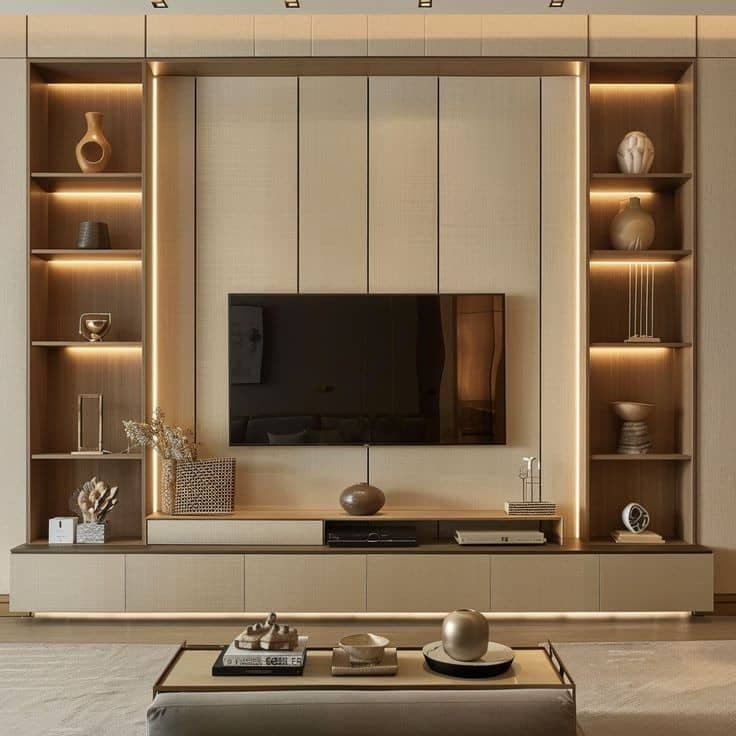 Integrated Backlit TV Media Wall System with Display Vitrines