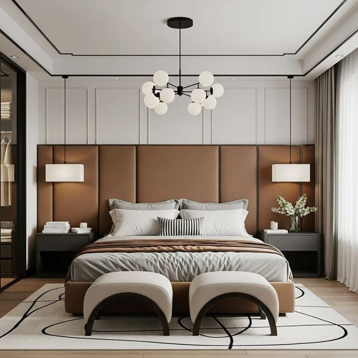 Segmented Leather Headboard & Arched Bench Bedroom Set